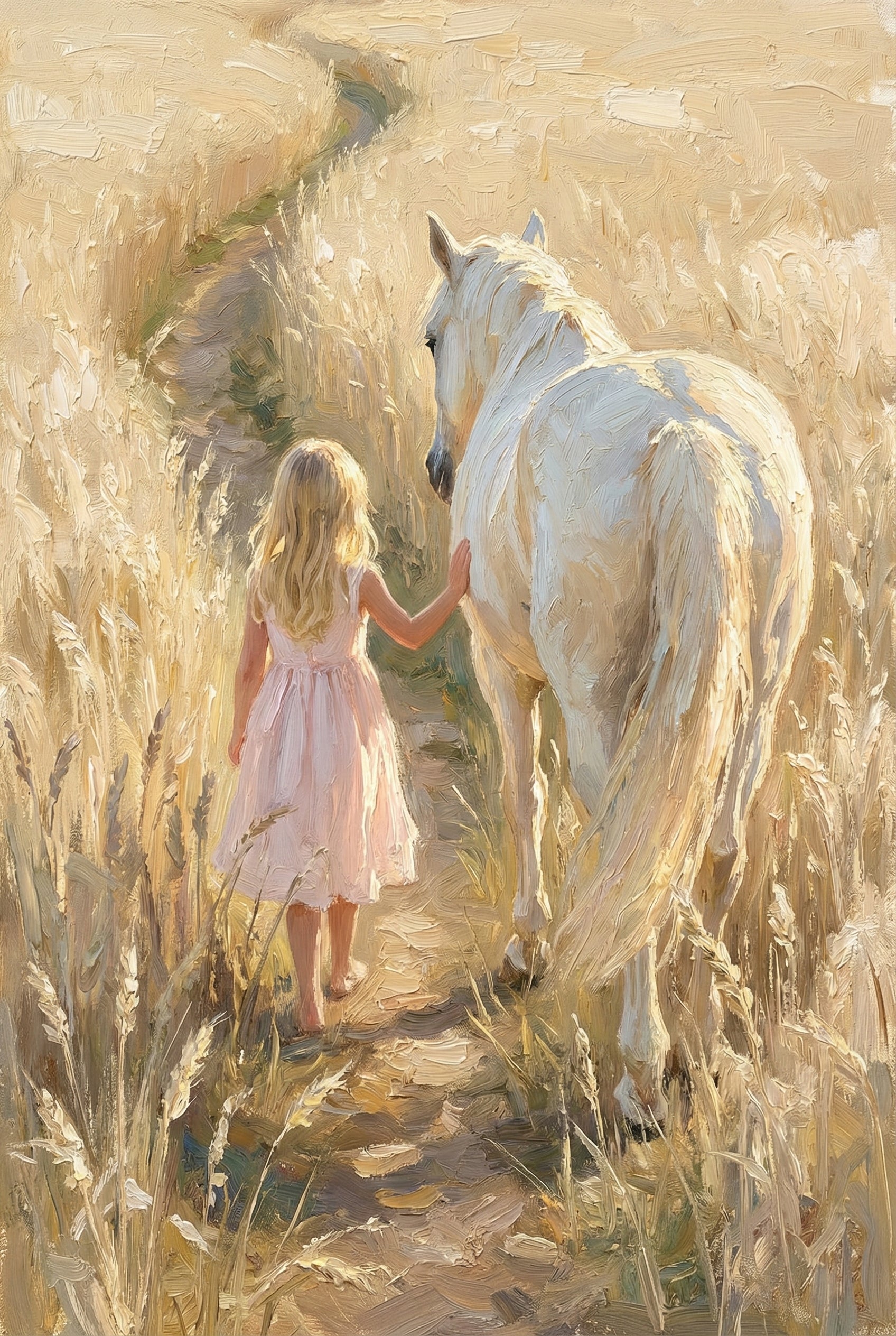 An impressionistic visual rendered with thick, textured strokes. A young girl with long blonde hair and a pale pink dress walks barefoot on a narrow path. Beside her, a large white horse walks in harmony, her hand resting on its flank. The pair is surrounded by tall, golden stalks glowing in warm sunlight. The medium is applied heavily, showing visible ridges that create a tactile effect. The color palette features shades of cream, gold, and soft pink, evoking a serene, dreamlike atmosphere.