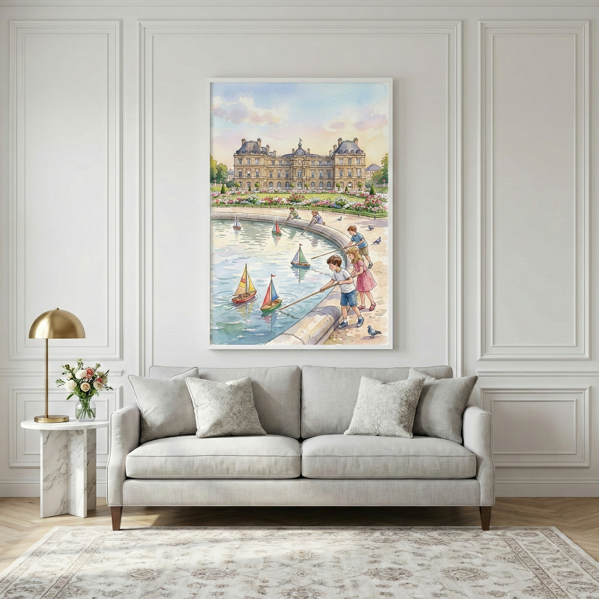 The same watercolor artwork is showcased in a refined, white-paneled living room above a light gray sofa. The playful scene of children with model sailboats in a garden pond brings a cheerful and nostalgic Parisian energy to the elegant, neutral-toned interior.