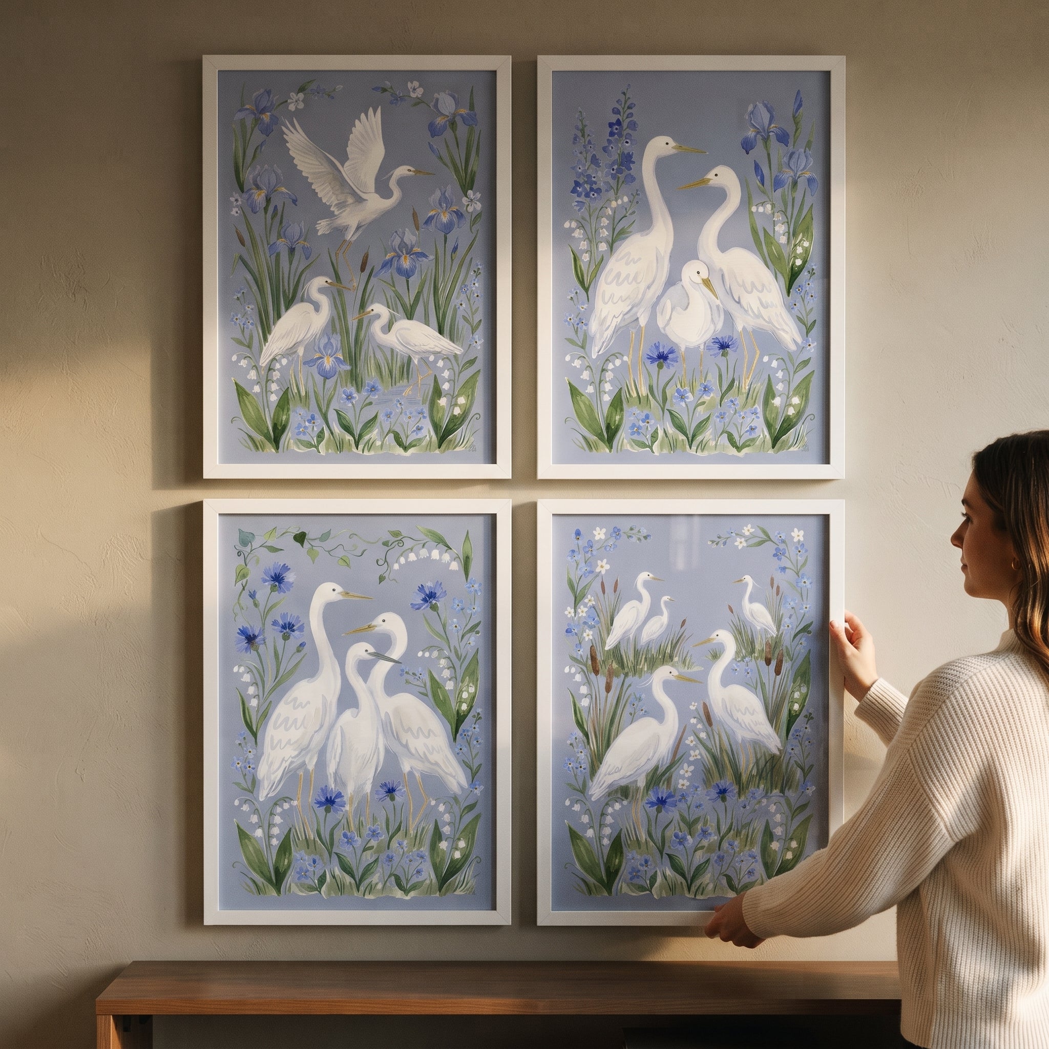 Chinoiserie Blue Floral Egret Bird Wall Art Set of 4 - Azure Avian Meadow