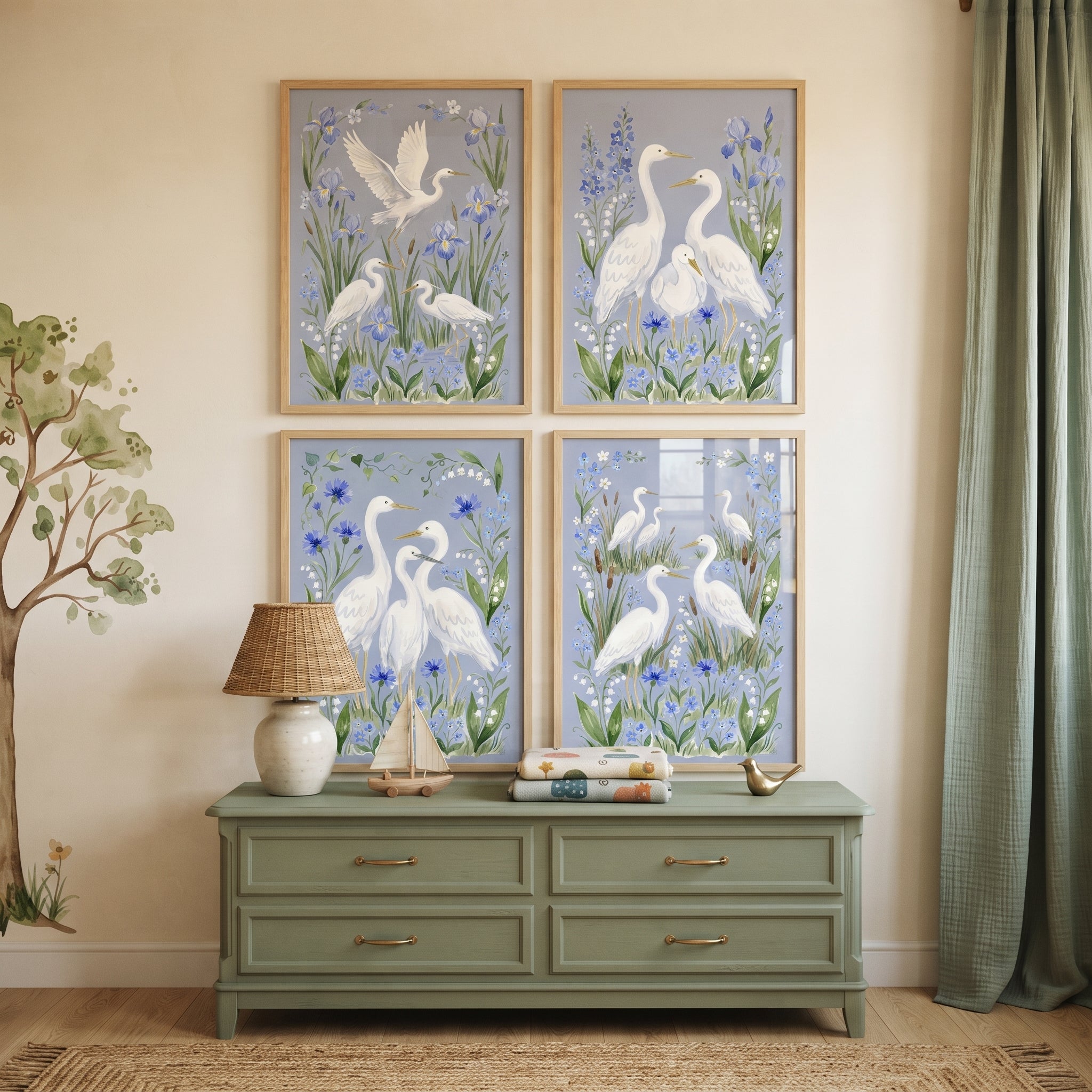 Chinoiserie Blue Floral Egret Bird Wall Art Set of 4 - Azure Avian Meadow