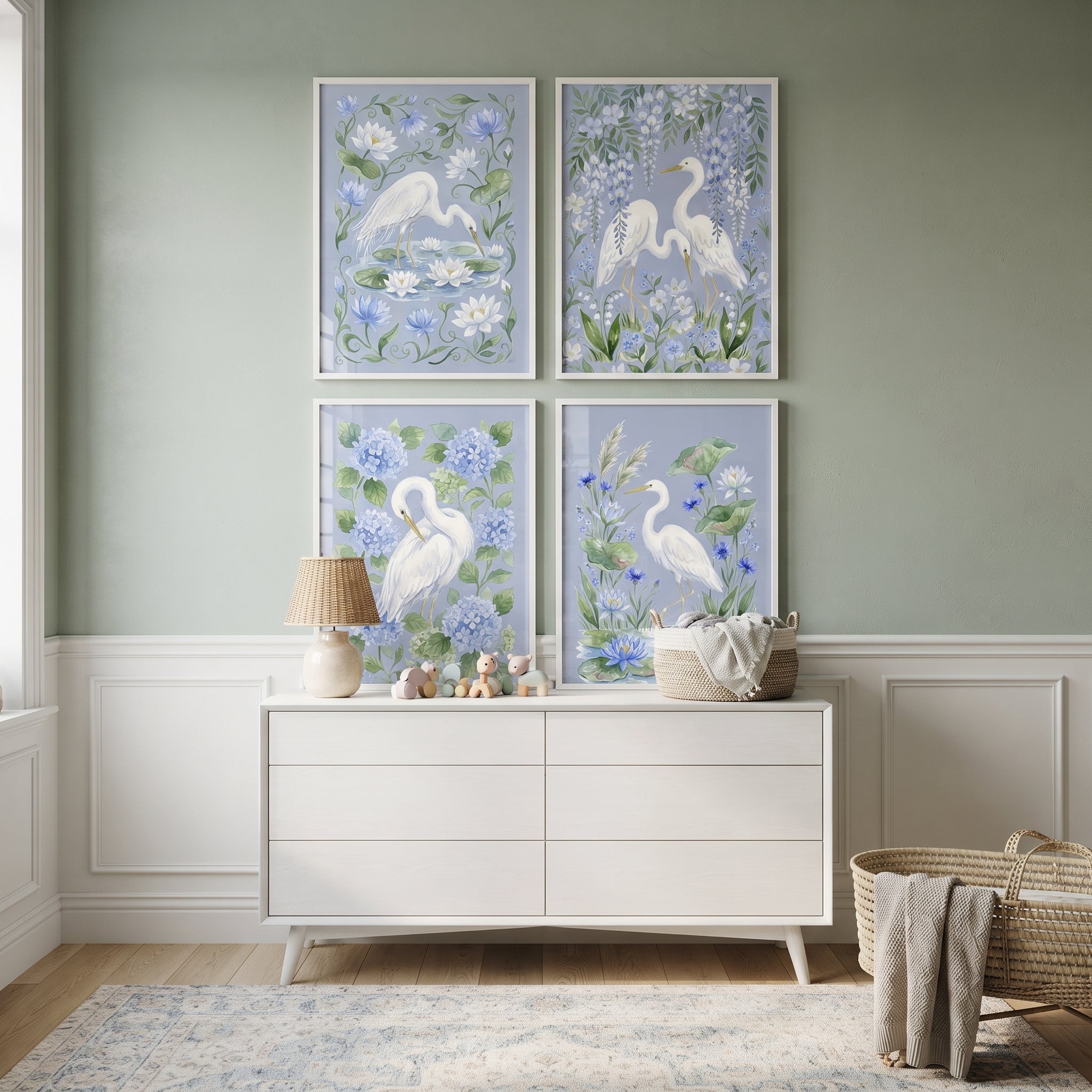 Chinoiserie Botanical White Heron Bird Wall Art Set of 4 - Floral Heron Bliss