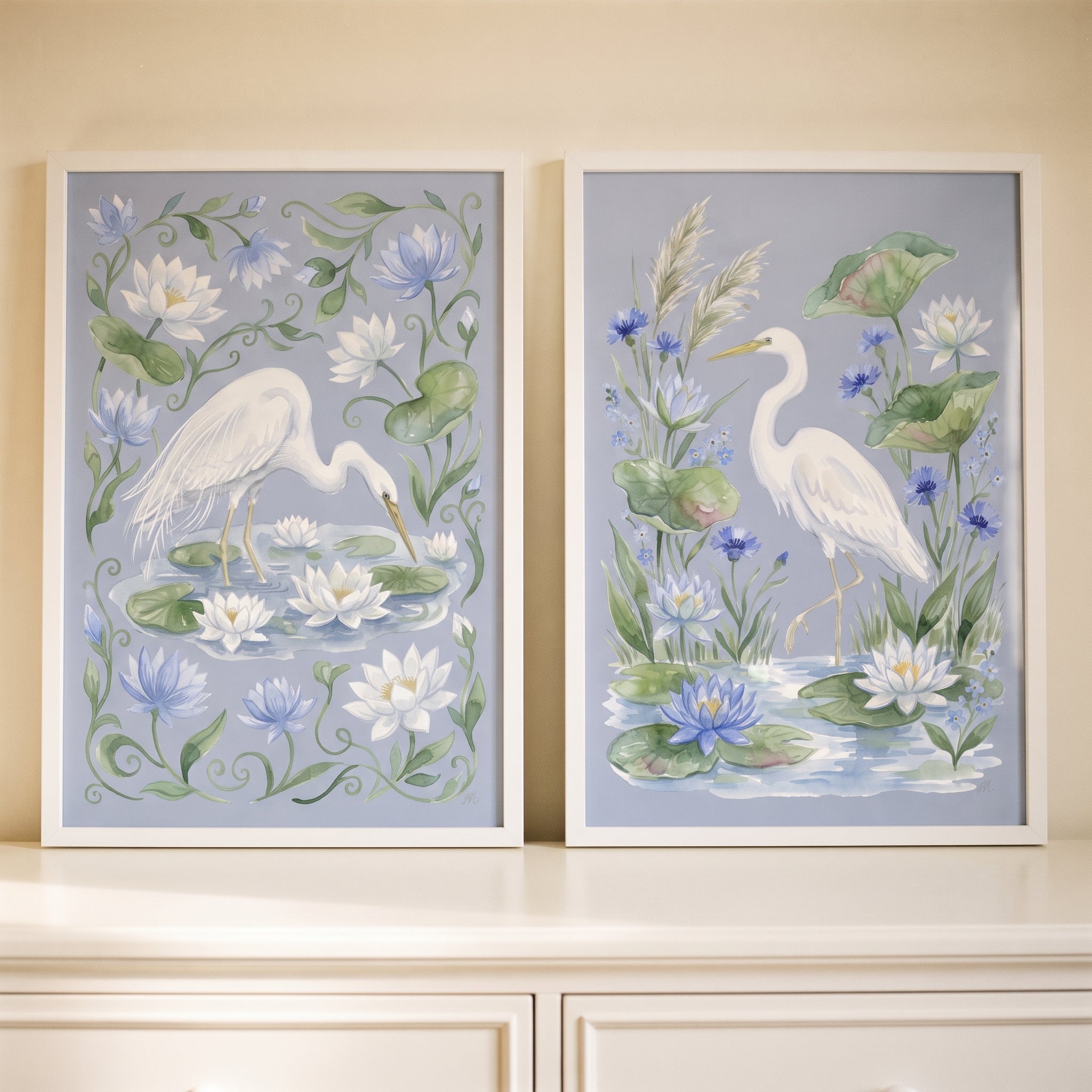 Chinoiserie Light Blue Heron Bird Wall Art Set of 2 - Serene Heron Lilies