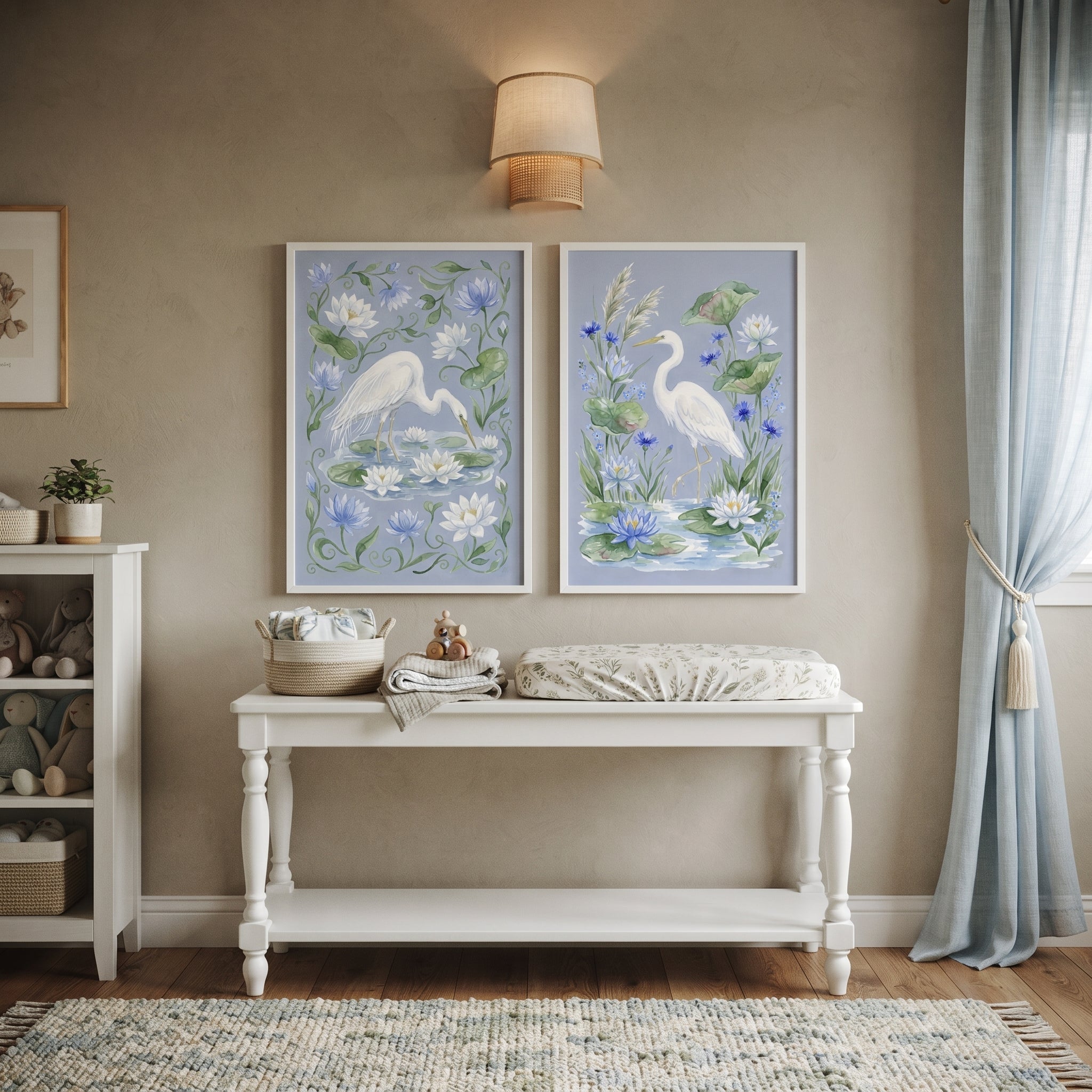 Chinoiserie Light Blue Heron Bird Wall Art Set of 2 - Serene Heron Lilies