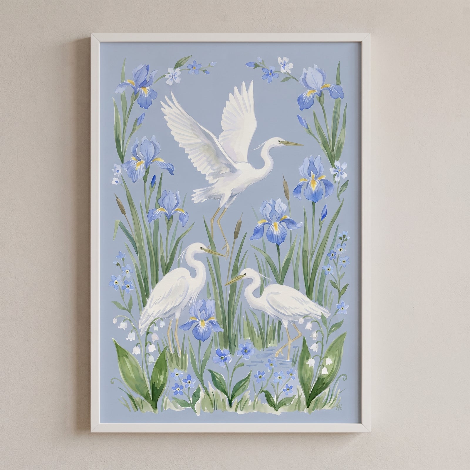 Chinoiserie style white heron bird wall art with three herons, blue irises, and white flowers on a light blue backdrop.