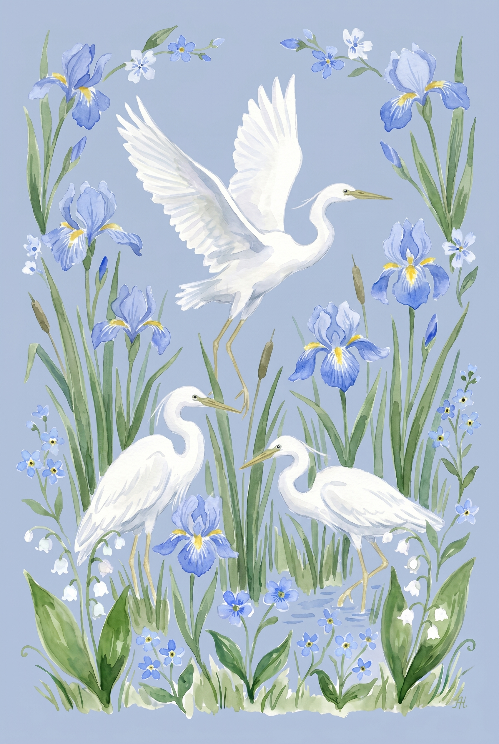 Chinoiserie Style White Heron Bird Wall Art - Blue Iris Egrets