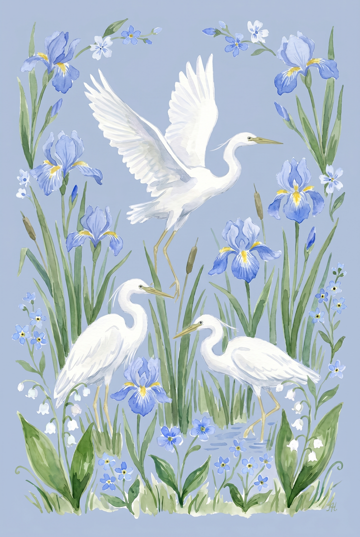 Chinoiserie style white heron bird wall art with three white herons and blue irises on a light blue background.