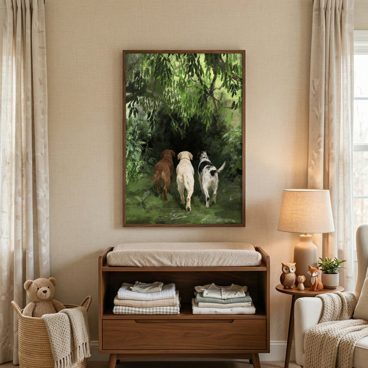 Warm nursery scene with a framed painting of three dogs walking together into a lush green forest hanging above a wooden changing table with folded baby clothes. Soft lighting neutral tones and cozy textures create a calm inviting space with a subtle nature inspired theme.
