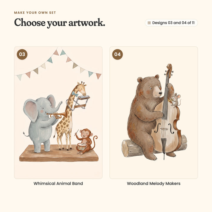 Designs 03 and 04 of 11: Whimsical Animal Band, an elephant, giraffe and monkey, and Woodland Melody Makers, a bear on bass