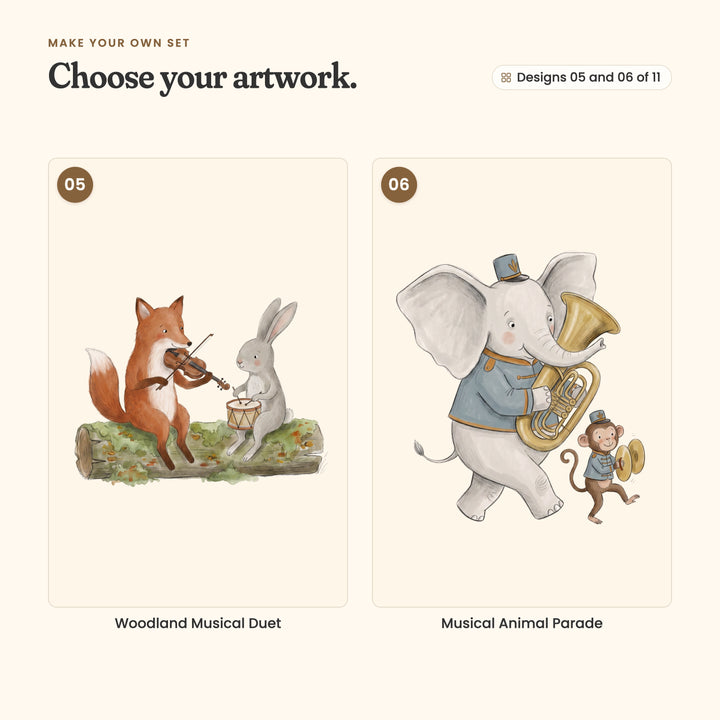 Designs 05 and 06 of 11: Woodland Musical Duet, a fox and rabbit, and Musical Animal Parade, an elephant and monkey marching