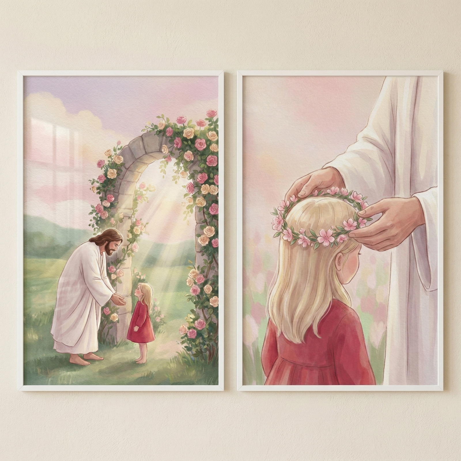 Two framed artworks sit on a light wood nightstand. The illustration on the left shows Jesus Christ in white robes walking through an orchard of pink blossoming trees, holding the hand of a young girl in a red dress. The illustration on the right is a close-up showing Jesus Christ placing a crown of pink flowers on the head of the same young girl. A person's hand rests on the table's surface. In the background, a warm lamp glows next to a bed.