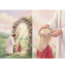 A two-panel watercolor style illustration depicting Jesus Christ and a young girl. On the left, Jesus in a white robe welcomes a small girl in a red dress near a rose-covered stone archway filled with radiant light. On the right, a close-up shows Jesus gently placing a crown of pink blossoms on the girl's head. The artwork has soft, pastel tones and conveys a peaceful, spiritual atmosphere.