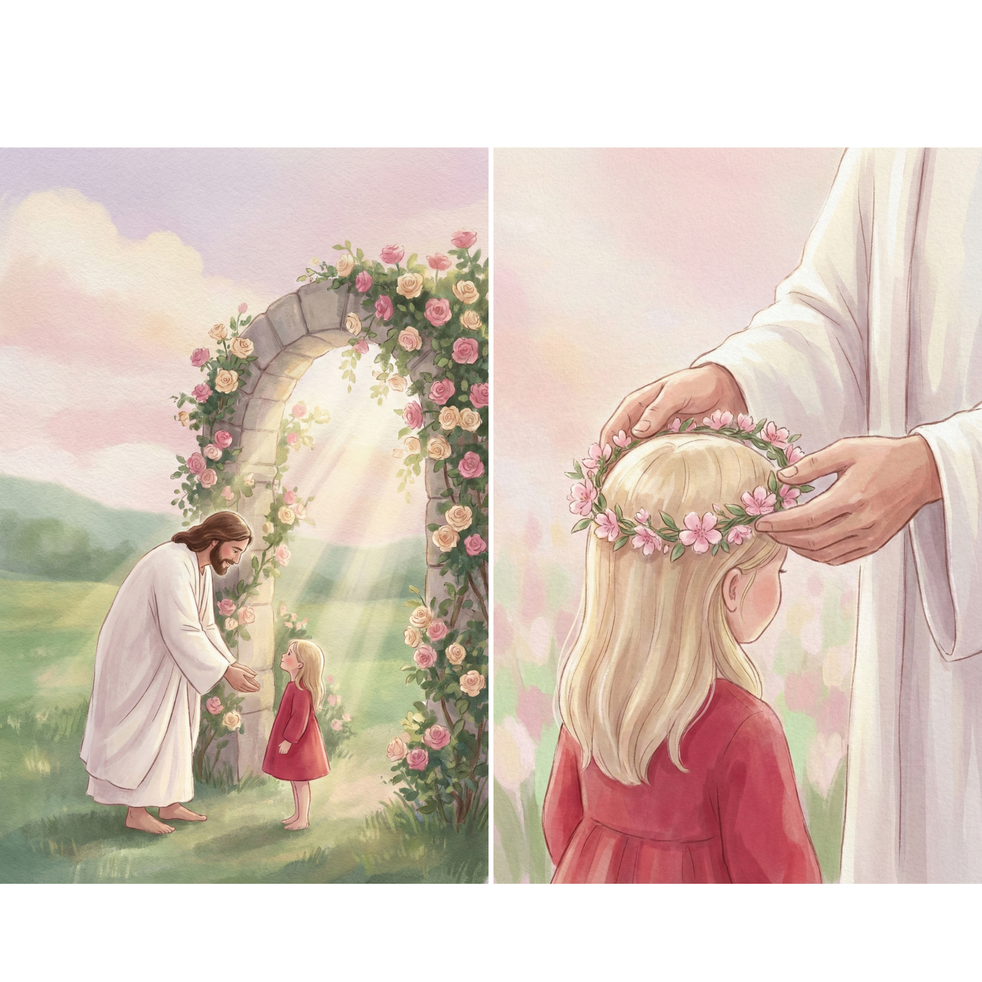 A two-panel watercolor style illustration depicting Jesus Christ and a young girl. On the left, Jesus in a white robe welcomes a small girl in a red dress near a rose-covered stone archway filled with radiant light. On the right, a close-up shows Jesus gently placing a crown of pink blossoms on the girl's head. The artwork has soft, pastel tones and conveys a peaceful, spiritual atmosphere.