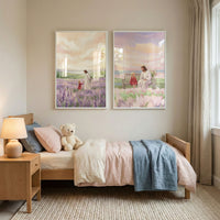 Two framed paintings hang above a child’s bed in a softly lit bedroom. One shows Jesus walking through a lavender field holding a child’s hand, while the other shows Jesus sitting on a bench beside a young girl surrounded by flowers under a pastel sunset sky.