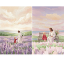 Two vertical panels show soft-toned illustrations of Jesus with a young girl. In the left panel, Jesus, in a white robe, walks through a field of lavender, holding a bouquet of white lilies behind his back as he reaches for the hand of a small girl in a red dress. In the right panel, the two sit together on a wooden bench in a pink floral field. Jesus smiles at the girl while holding a bouquet of mixed flowers behind him. Both scenes feature rolling hills and soft, pastel-colored skies.