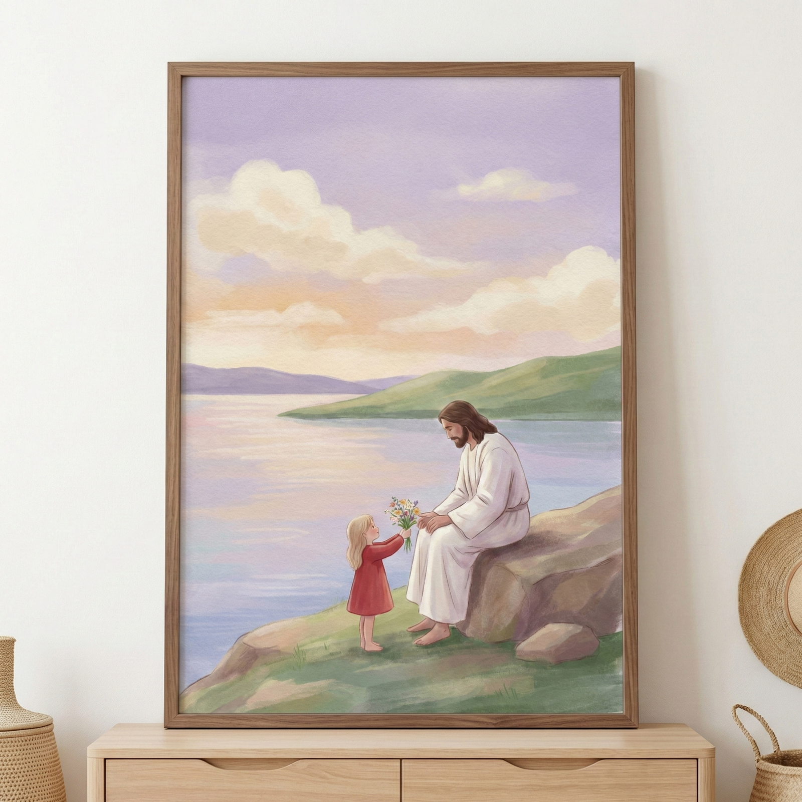 A watercolor-style illustration of Jesus sitting on a large rock by a calm lake. A young girl in a red dress stands before him, offering a small bouquet of wildflowers. The background features rolling green hills under a soft sunset sky with lavender and peach-colored clouds. Jesus, with long hair and a beard, wears a simple white robe and looks down at the girl with a gentle expression. The serene scene is presented in a light wood frame hanging on a neutral-colored wall.