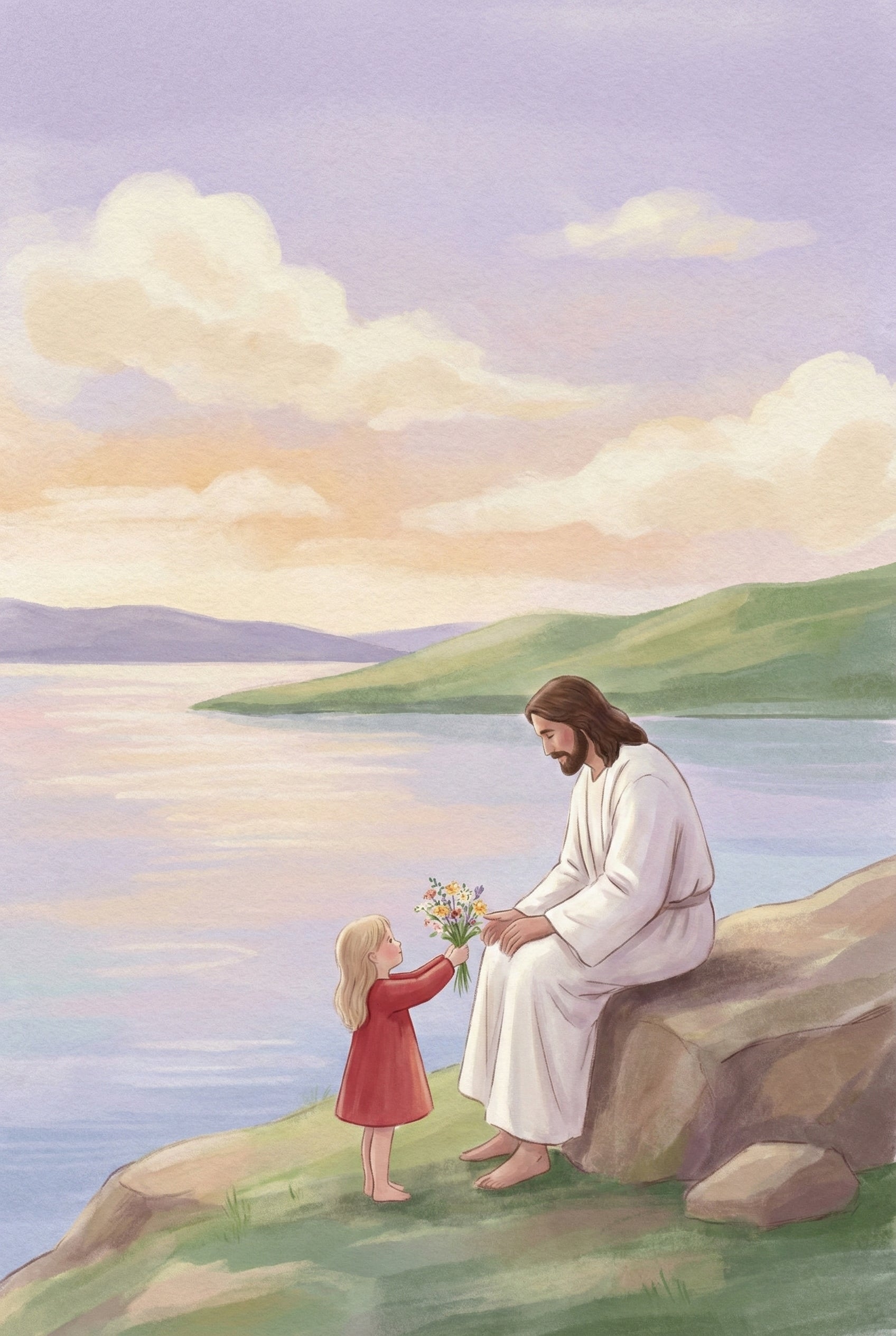 Soft pastel illustration of Jesus sitting on a rock beside a calm lake at sunset while a young girl in a red dress offers him a small bouquet of wildflowers. Rolling green hills and peach tinted clouds reflect across the water. The gentle exchange emphasizes kindness and connection in a peaceful landscape.
