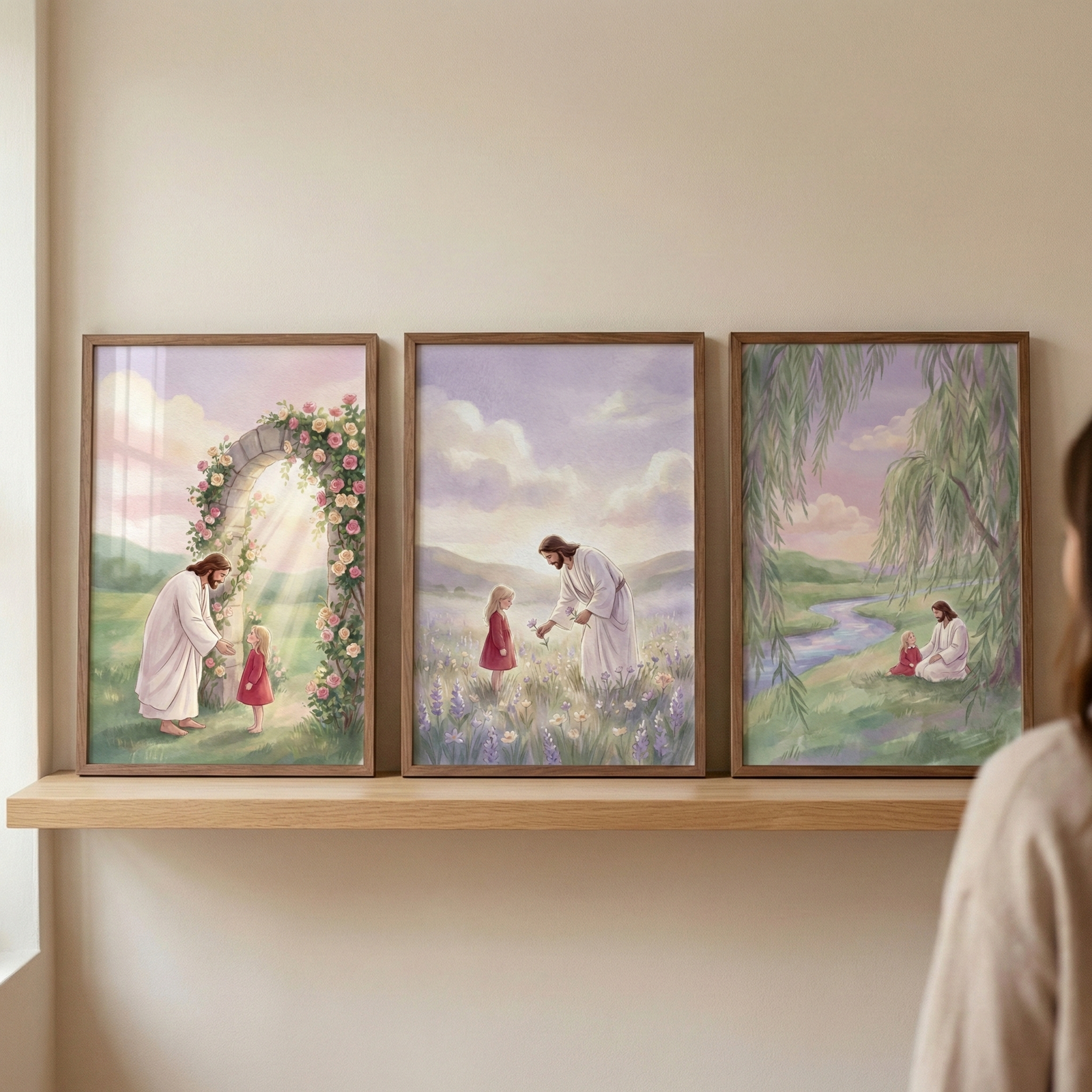 A triptych of framed illustrations sits on a light wooden shelf against a neutral wall. Each piece features Jesus in a white robe alongside a small girl in a red dress within soft, ethereal landscapes. The left image shows them before a rose-covered stone archway under bright sunbeams. The middle piece depicts Jesus handing a flower to the girl in a field of lavender. The right print shows the pair sitting by a riverbank under a weeping willow. A blurred person stands in the foreground.