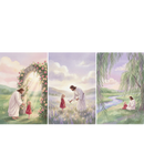 Christian wall art set featuring soft pastel illustrations of Jesus in a peaceful countryside sharing gentle moments with a young child in a red dress. The collection shows Him welcoming her beneath a rose covered stone arch glowing with warm sunlight, offering a small purple flower in a meadow of lavender and wildflowers, and sitting together by a winding river under graceful willow branches. 