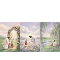 Christian wall art set featuring soft pastel illustrations of Jesus in a peaceful countryside sharing gentle moments with a young child in a red dress. The collection shows Him welcoming her beneath a rose covered stone arch glowing with warm sunlight, offering a small purple flower in a meadow of lavender and wildflowers, and sitting together by a winding river under graceful willow branches. 