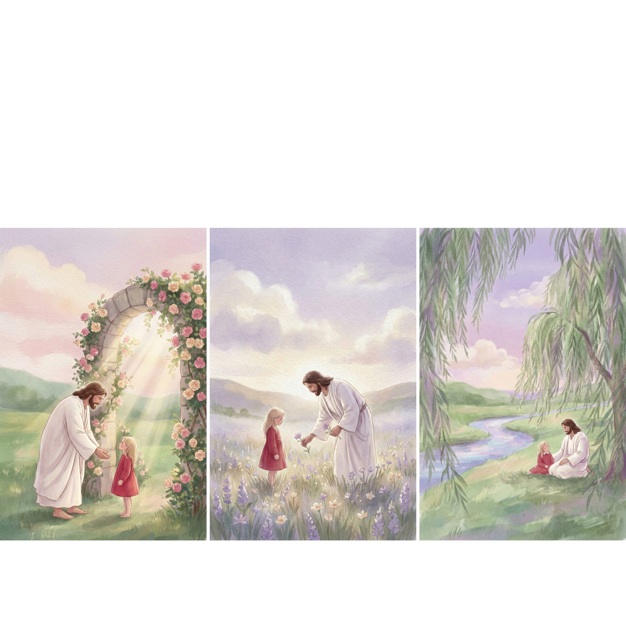 Christian wall art set featuring soft pastel illustrations of Jesus in a peaceful countryside sharing gentle moments with a young child in a red dress. The collection shows Him welcoming her beneath a rose covered stone arch glowing with warm sunlight, offering a small purple flower in a meadow of lavender and wildflowers, and sitting together by a winding river under graceful willow branches. 