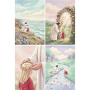 Christian wall art set featuring soft pastel illustrations of Jesus sharing gentle faith filled moments with a young child in a red dress across peaceful landscapes. The collection includes them standing together on a wildflower covered seaside cliff, meeting beneath a rose covered stone arch glowing with warm sunlight, placing a delicate flower crown on her head, and kneeling beside a winding stream scattering colorful petals across the water. 