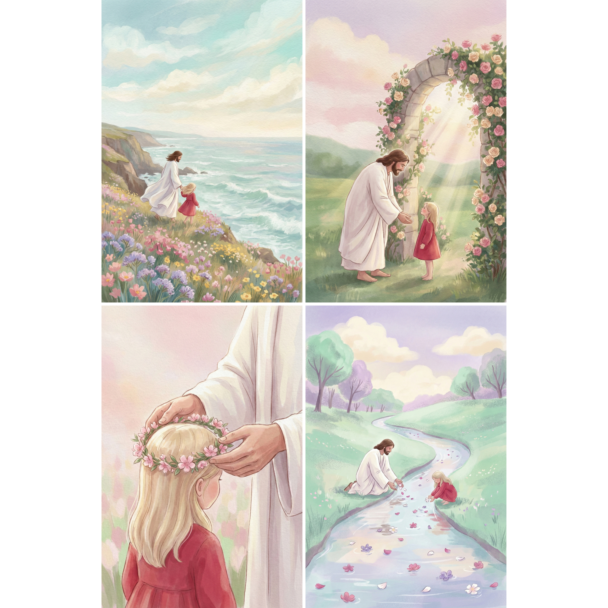 Christian wall art set featuring soft pastel illustrations of Jesus sharing gentle faith filled moments with a young child in a red dress across peaceful landscapes. The collection includes them standing together on a wildflower covered seaside cliff, meeting beneath a rose covered stone arch glowing with warm sunlight, placing a delicate flower crown on her head, and kneeling beside a winding stream scattering colorful petals across the water. 