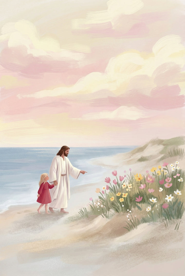 Gentle illustration of Jesus in a white robe walking barefoot along a sandy beach while holding the hand of a young girl in a red dress. He gestures toward a cluster of colorful wildflowers growing near the dunes under a soft pink and gold sky. The ocean stretches quietly behind them.

