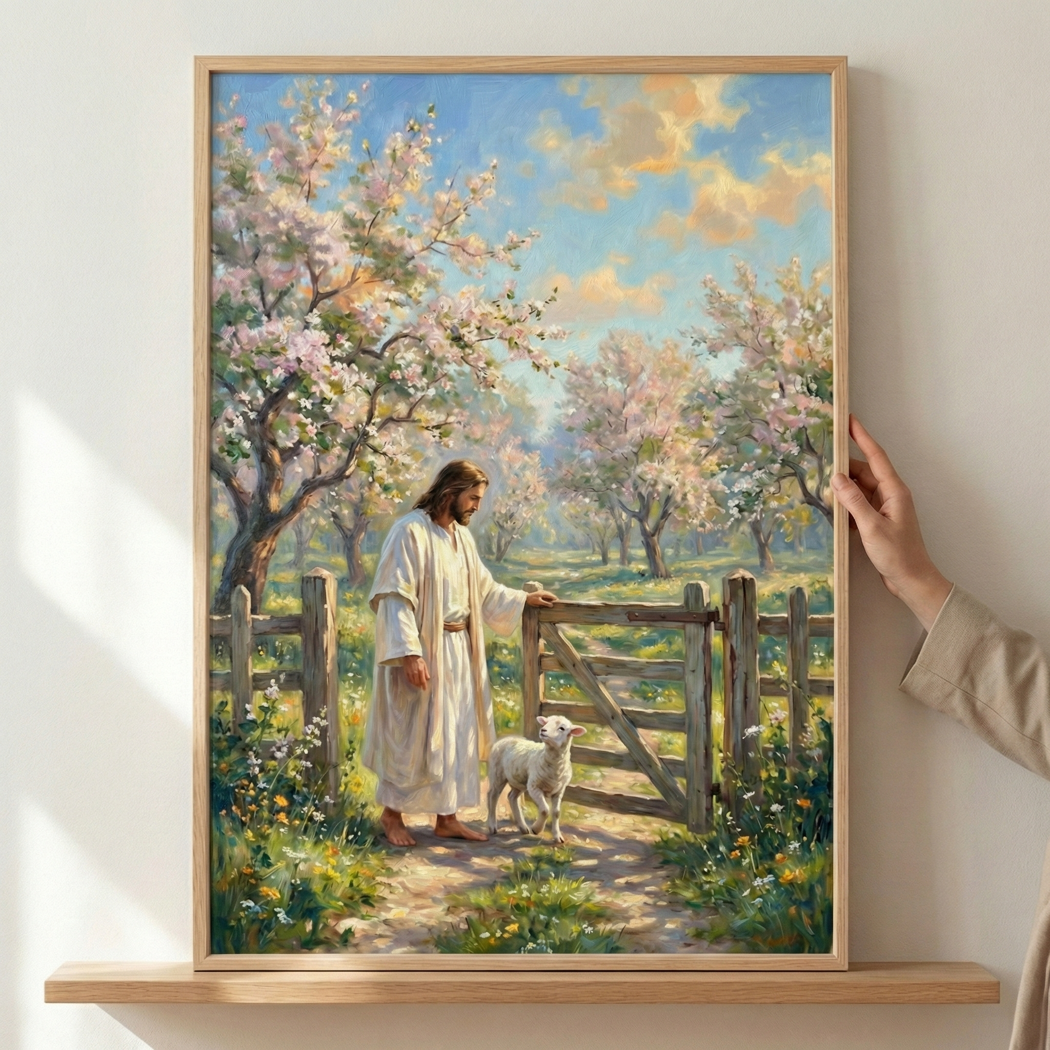 A person in a white robe stands beside a wooden gate in a blooming orchard, accompanied by a small lamb. The scene is set under a sky with fluffy clouds and surrounded by trees filled with pink blossoms.