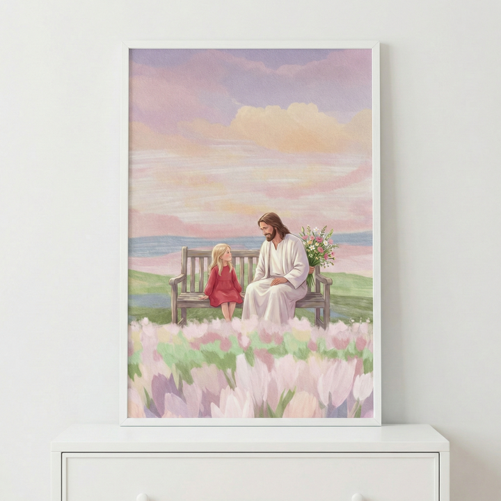 A gentle illustration of Jesus Christ and a young girl sitting together on a simple wooden bench. Jesus, with long brown hair and a white robe, holds a bouquet of wildflowers behind his back. The young girl, in a red dress, looks toward him. They are surrounded by a field of light pink flowers. In the background, a soft-hued sky with purple, pink, and gold tones overlooks distant water and hills. The artwork has a peaceful, watercolor-style aesthetic.
