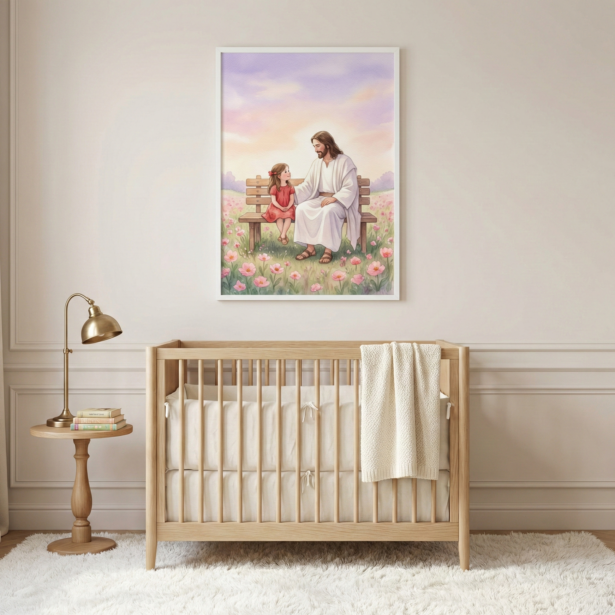 A nursery room features a light-toned wooden crib centered against a neutral wall with decorative molding. Above the crib hangs a white-framed art piece depicting Jesus Christ sitting on a wooden bench in a field of pink flowers alongside a small girl in a red dress. The artwork has a soft, glowing light and a pastel sky. To the left of the crib, a small wooden side table holds a gold lamp and a stack of books. A plush white rug covers the floor, and a cream blanket hangs over the crib.