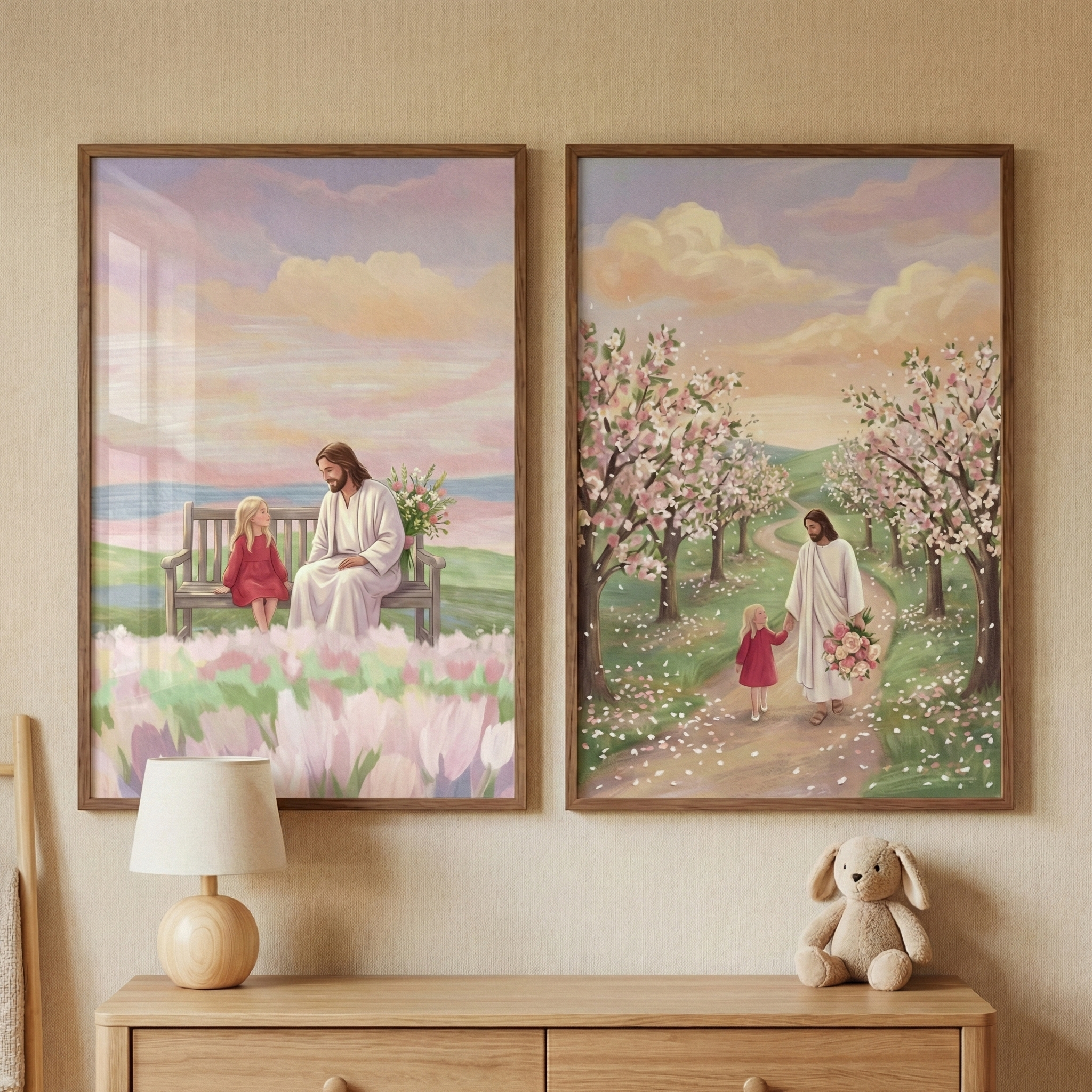 Jesus Christ Wall Art For Girls Room Set of 2 - Jesus' Gentle Presence