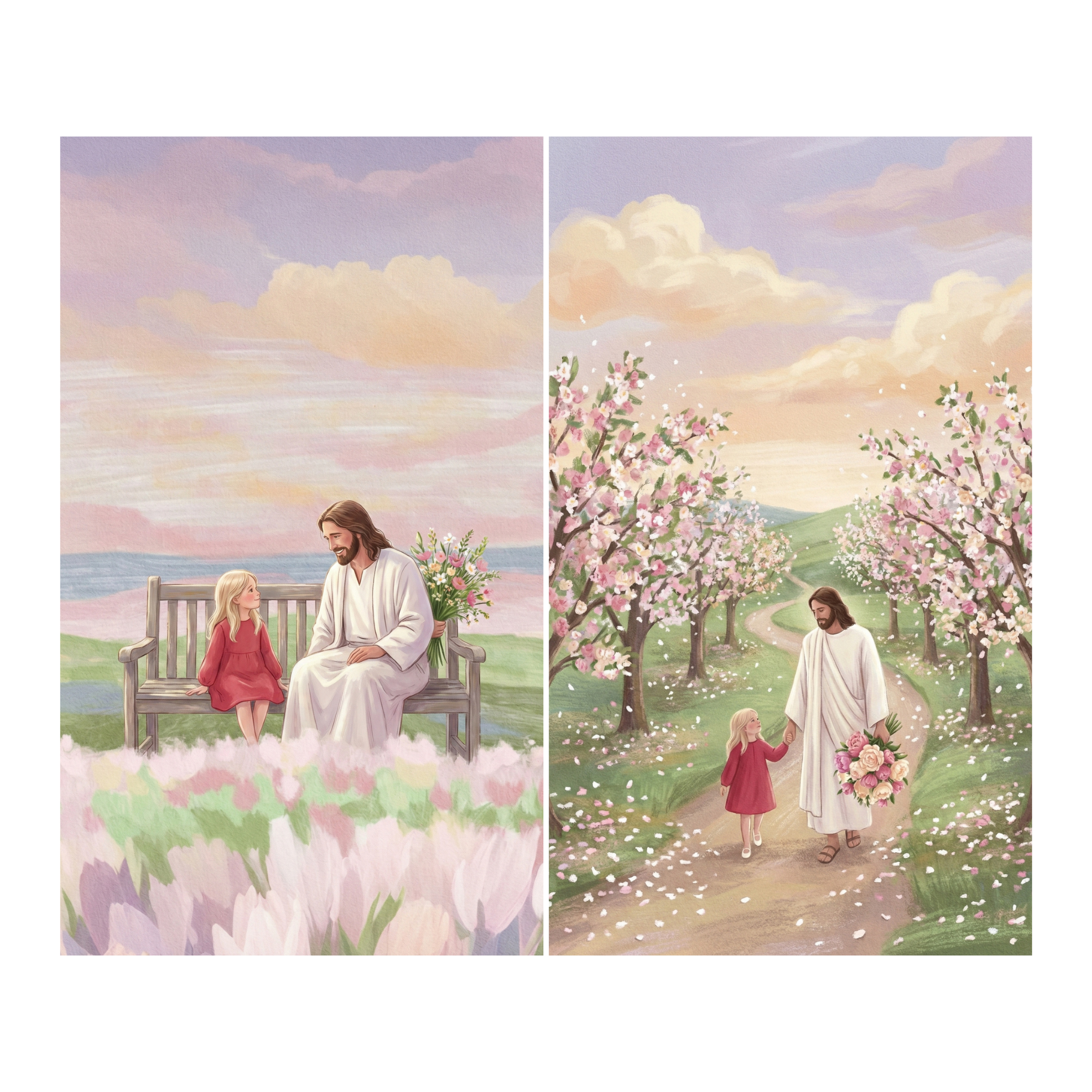 Christian wall art set featuring soft pastel illustrations of Jesus sharing tender moments with a young child in a red dress surrounded by blooming spring scenery. One panel shows them sitting side by side on a wooden bench overlooking calm water and fields of soft pink tulips beneath a glowing sunset sky, while the other captures them walking hand in hand along a petal covered path lined with flowering trees as blossoms fall gently around them. 