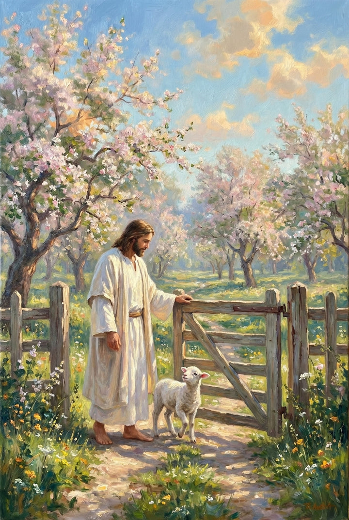 An illustration of Jesus Christ dressed in a flowing white robe and barefoot, standing beside a rustic wooden gate in a bright orchard. He rests a hand on the gate and looks down kindly at a small white lamb looking up at him. The orchard is filled with trees in full bloom with pink and white blossoms. The scene is bathed in warm sunlight under a blue sky with soft clouds, featuring a path through green grass and wildflowers. The style uses soft brushstrokes to create a serene atmosphere.