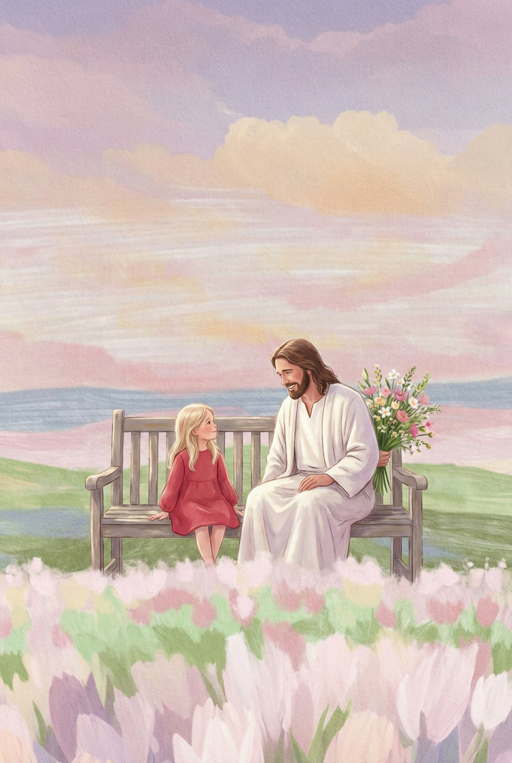 Soft pastel illustration of Jesus sitting on a wooden bench beside a young girl in a red dress. He holds a bouquet of pink and white flowers while smiling warmly at her in a field of pale blossoms. A calm sky and distant water create a peaceful background.
