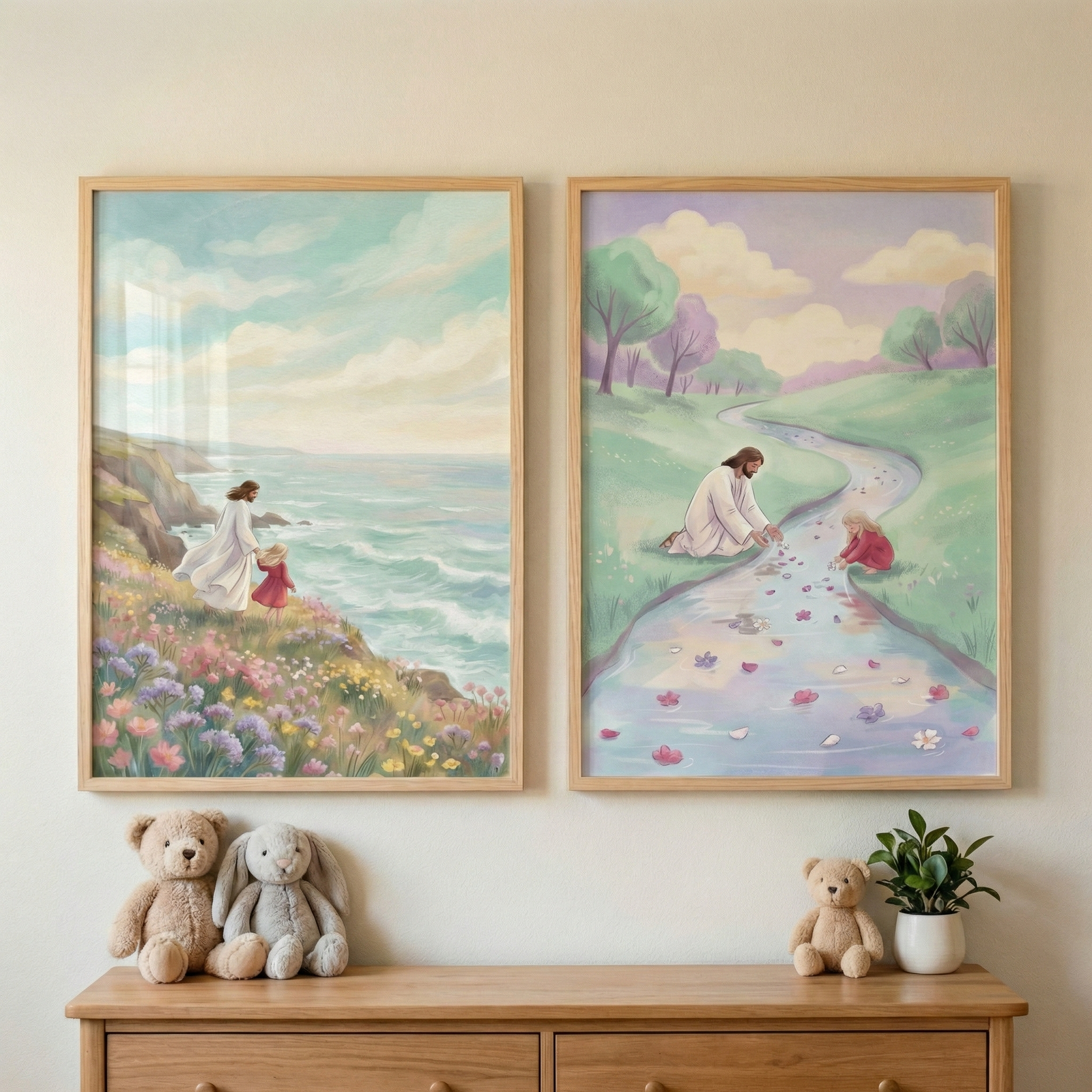 Two wooden-framed illustrations hang on a neutral wall above a dresser. The left artwork shows Jesus in a white robe walking with a small child in a red dress along a flowery coastal cliff. The right artwork depicts them kneeling by a winding stream filled with petals in a meadow. Both have a soft, pastel-toned style. On the dresser below sit a plush teddy bear, a stuffed bunny, a smaller bear, and a potted plant, creating a warm nursery atmosphere.