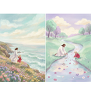 Christian wall art set featuring soft pastel illustrations of Jesus sharing peaceful moments with a young child in a red dress surrounded by nature. One panel shows them standing together on a wildflower covered cliff overlooking the ocean beneath a bright open sky, while the other captures them kneeling beside a gentle winding stream placing colorful flower petals into the flowing water. 