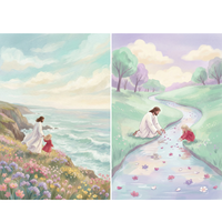 Christian wall art set featuring soft pastel illustrations of Jesus sharing peaceful moments with a young child in a red dress surrounded by nature. One panel shows them standing together on a wildflower covered cliff overlooking the ocean beneath a bright open sky, while the other captures them kneeling beside a gentle winding stream placing colorful flower petals into the flowing water. 