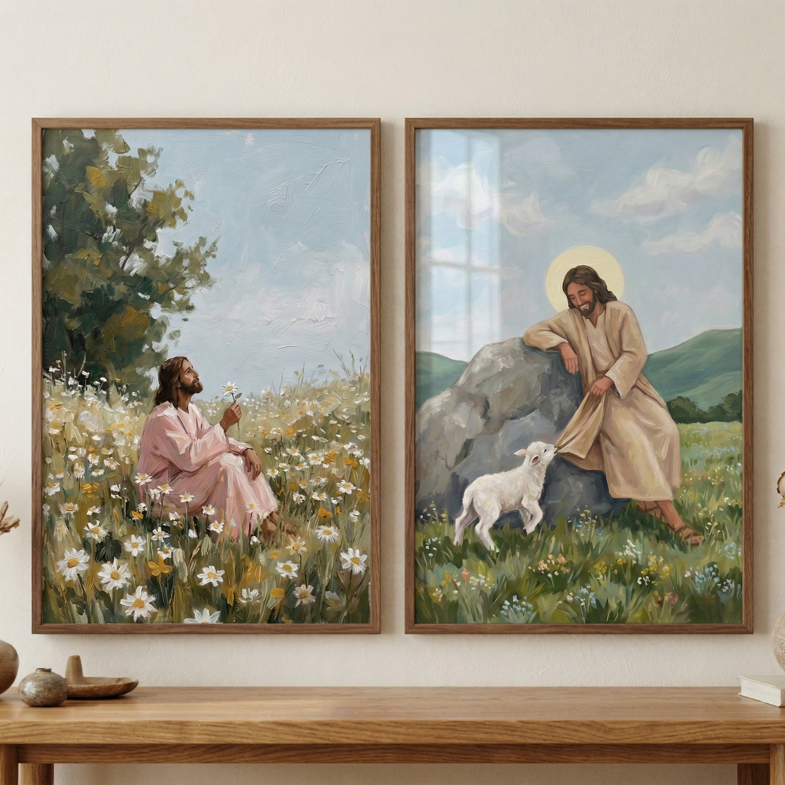 Close view of two framed religious style paintings displayed above a wood surface. One shows a haloed man seated among daisies beneath a leafy tree, and the other shows a haloed man smiling down at a lamb beside a large gray rock with green hills in the background.