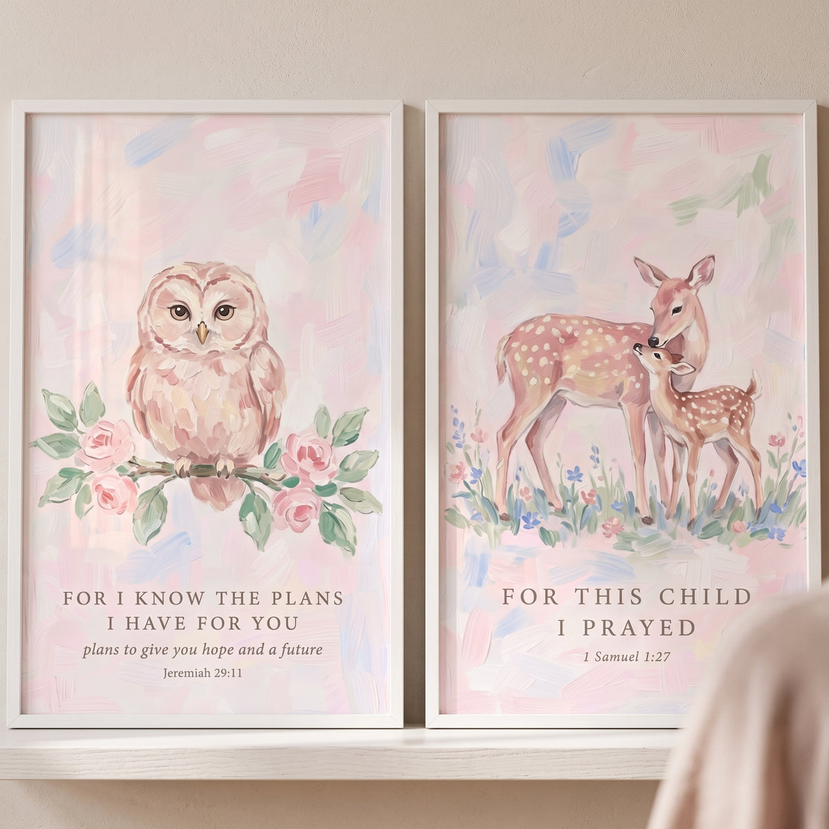 Christian pink woodland animals wall art set of 2 with Bible verses, featuring an owl, a deer, and a fawn in pastel tones.