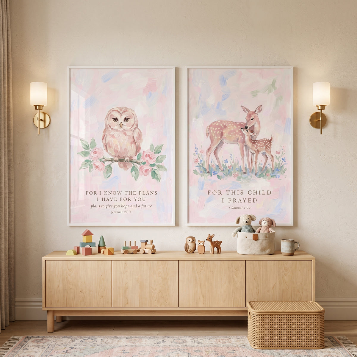 Christian Pink Woodland Animals Wall Art Set of 2 - Sweet Woodland Verses