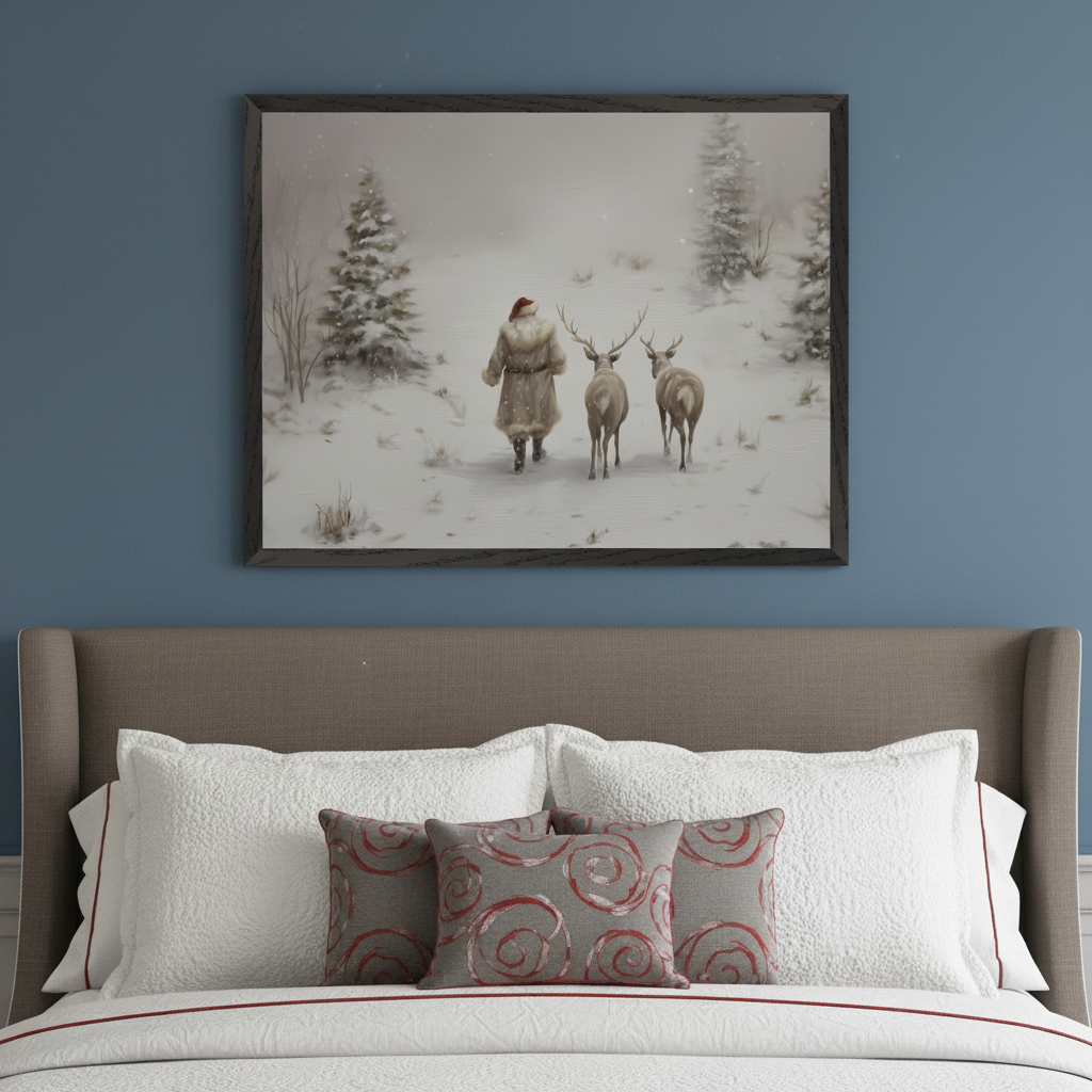Bedroom with a brown upholstered headboard and white bedding with red accents. A large framed painting of a Santa-like figure walking with two deer in a snowy forest hangs centered above the bed.