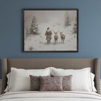 Bedroom with a brown upholstered headboard and white bedding with red accents. A large framed painting of a Santa-like figure walking with two deer in a snowy forest hangs centered above the bed.