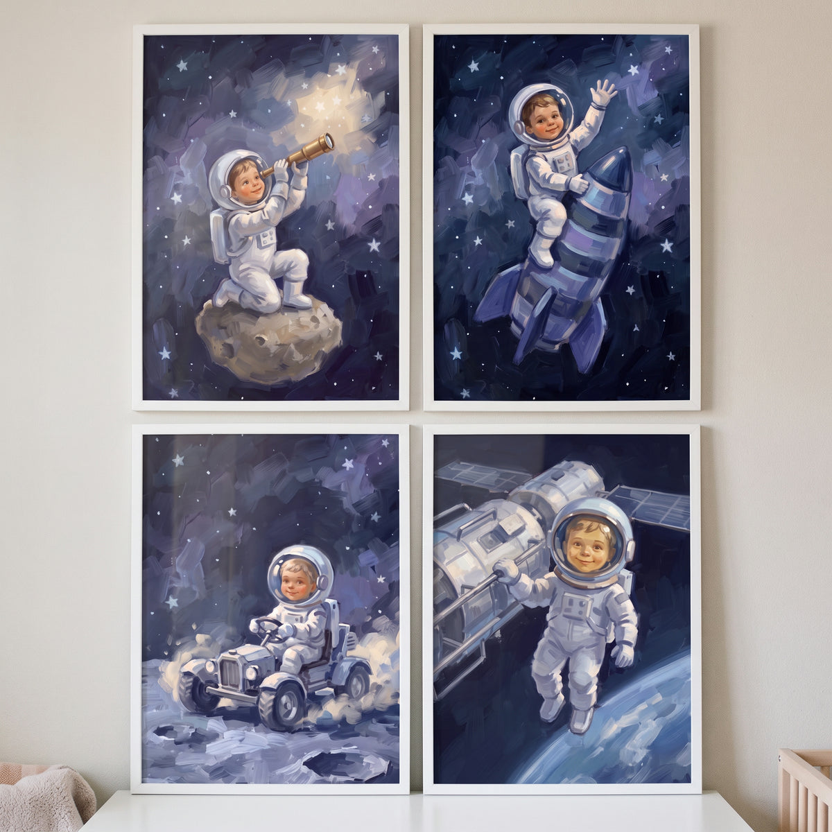 Chubby cheeks baby astronaut wall art set of 4 depicts a small explorer on a rocket, rover, asteroid, and satellite.
