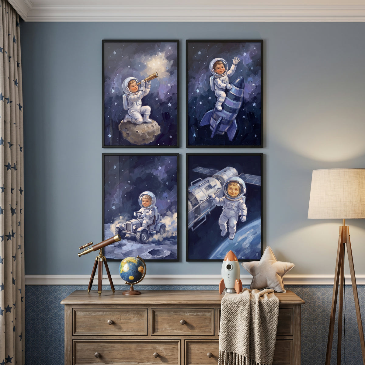 Chubby Cheeks Baby Astronaut Wall Art Set of 4 - Starlight Kid Adventures