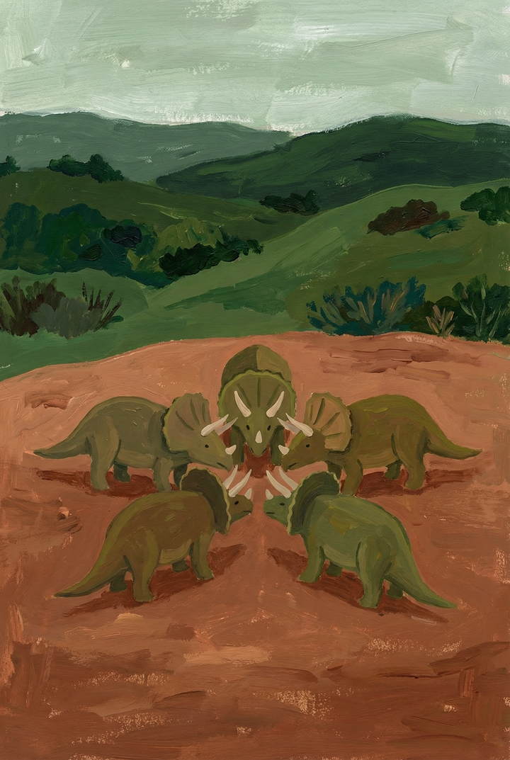 Circle five green dinosaur wall art with triceratops standing in a ring on brown soil before rolling green hills.