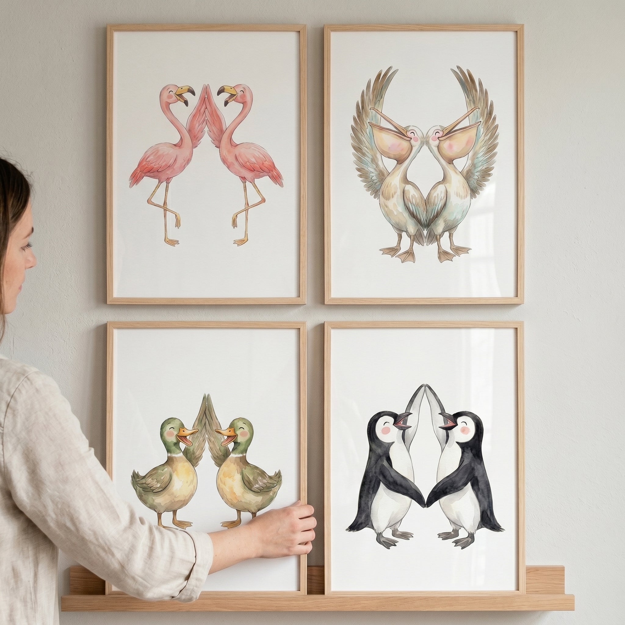 Clapping Wing Birds Wall Art Set of 4 - Cheerful Wing Fives