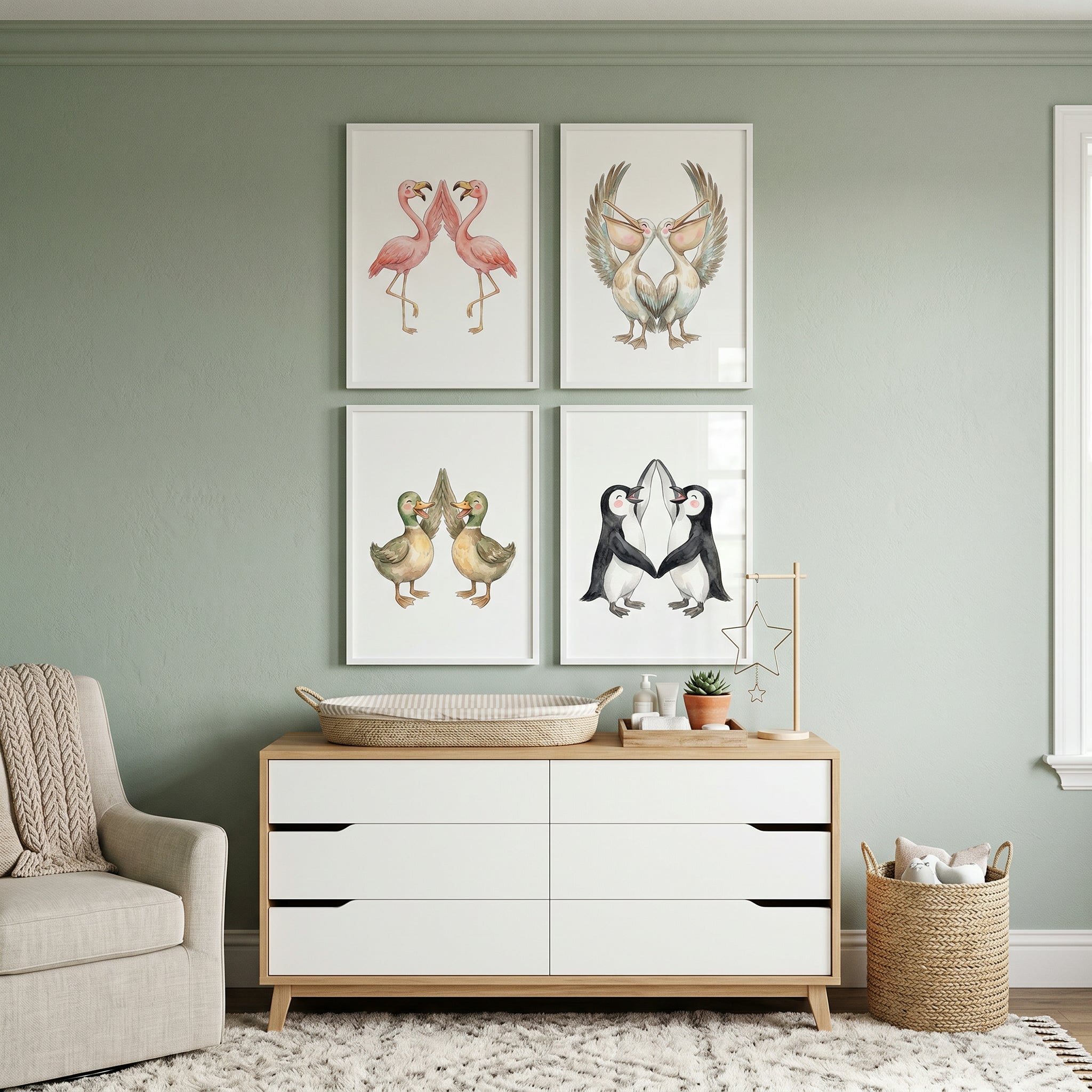 Clapping Wing Birds Wall Art Set of 4 - Cheerful Wing Fives
