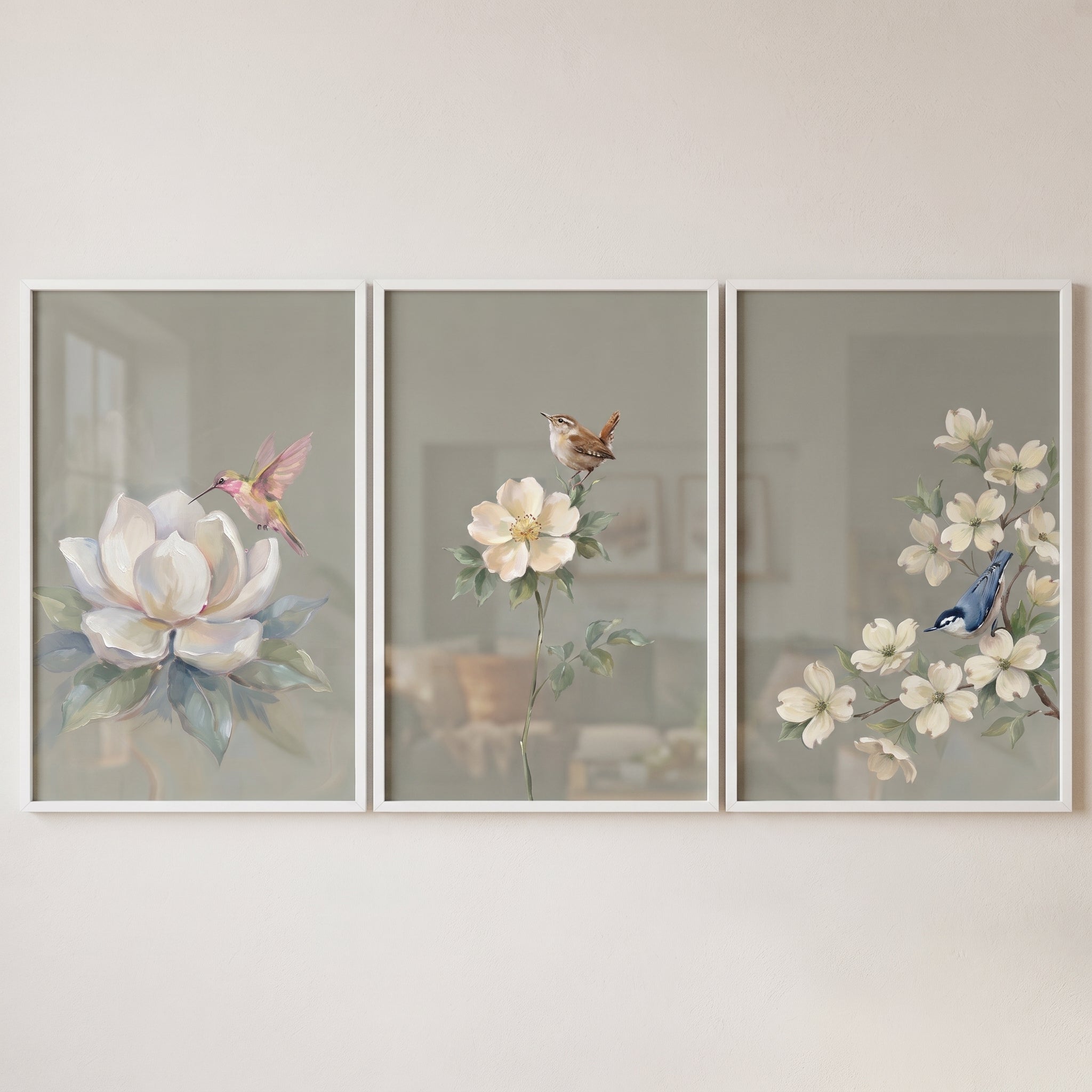 Classic Botanical Garden Bird Wall Art Set of 3 - Garden Avian Trio