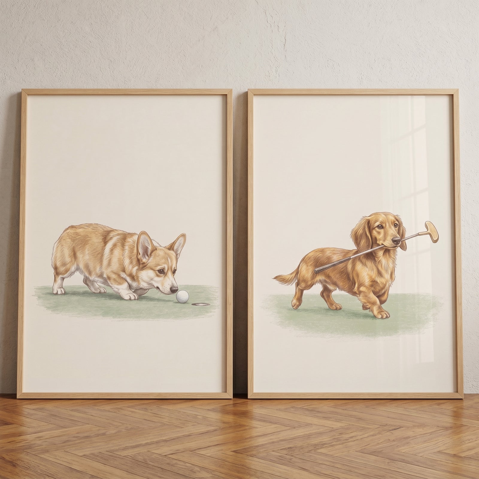 Classic creamy golfing dogs print set of 2: a corgi with a golf ball and a dachshund carrying a putter.