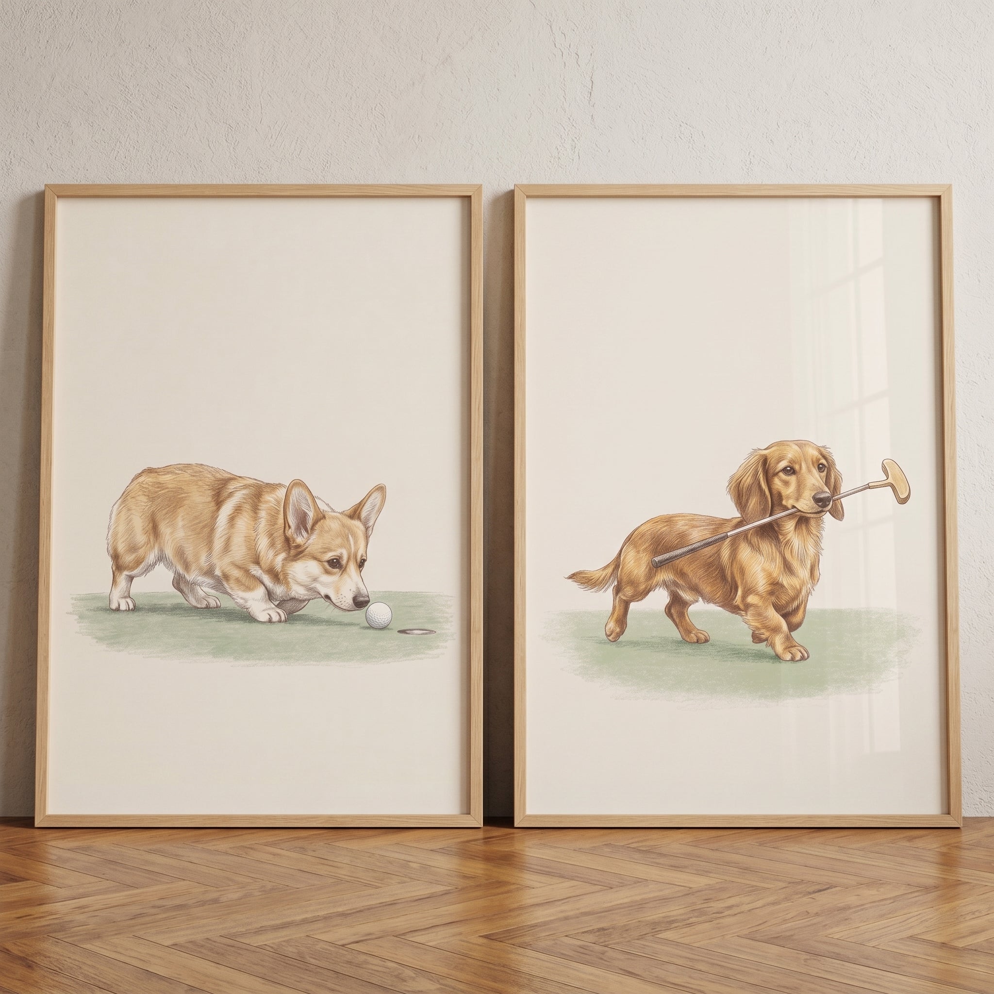 Classic Creamy Golfing Dogs Print Set of 2 - Golfing Dog Duo